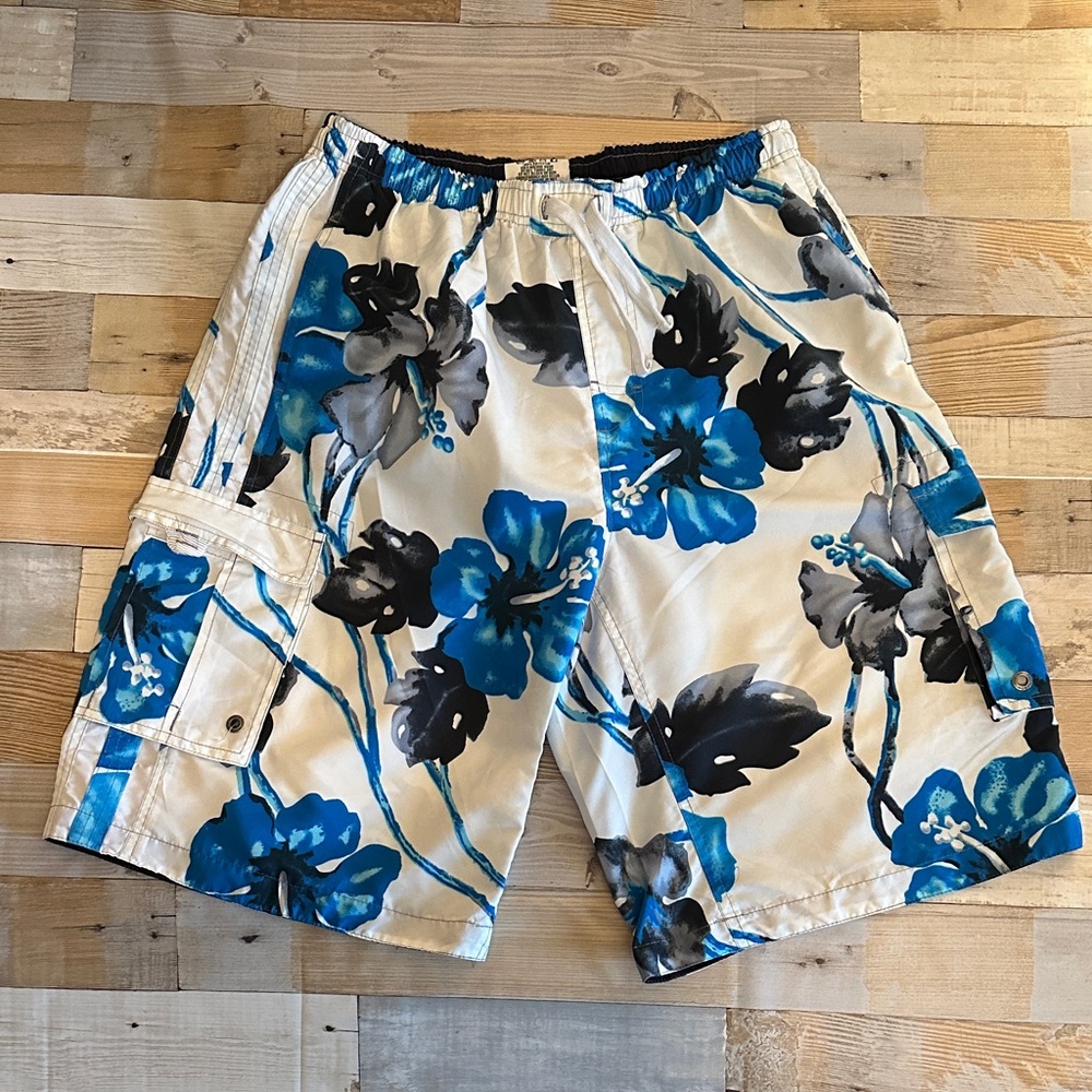 Floral Blue and Black Swim Trunks